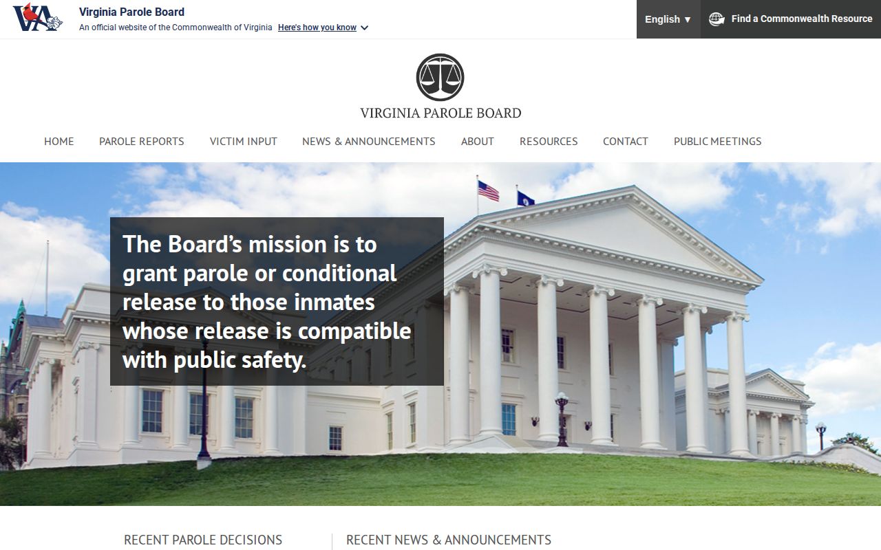 Virginia Parole Board website navigation for parole decisions and dockets